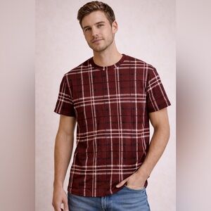 Pull&Bear‎ Burgundy Plaid Short Sleeve Tee